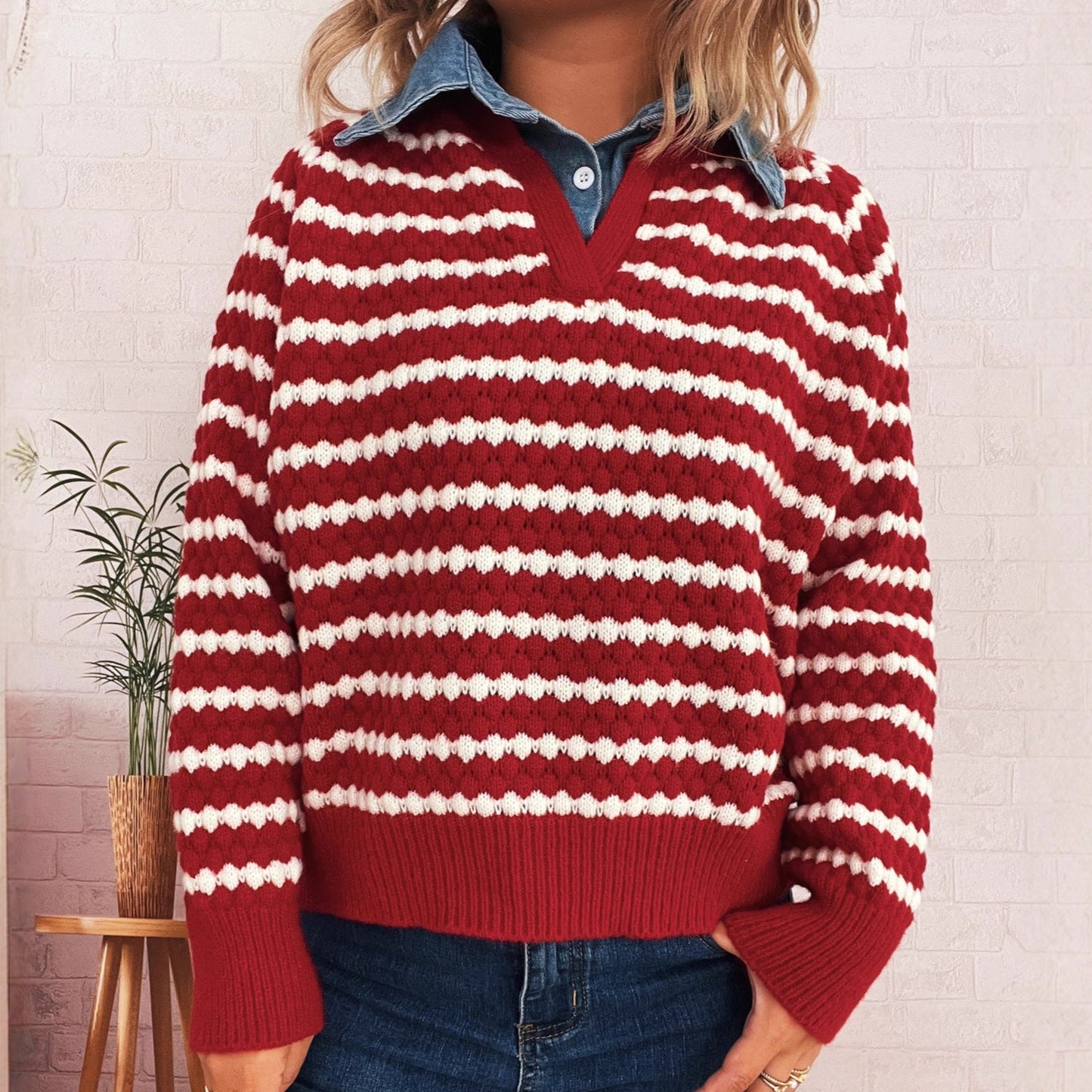Damen Strickpullover V-Ausschnitt Streifenmuster - Norvielle