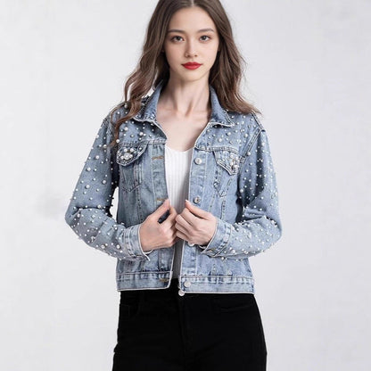 Damen Denimjacke Perlenverzierungen