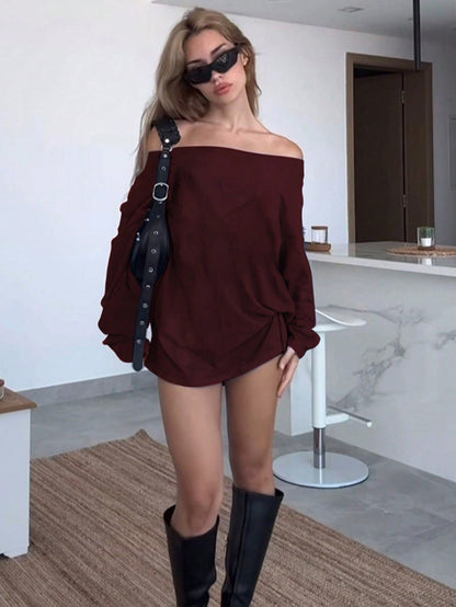 Damen Off-Shoulder Bluse Lockere Passform Knötchen-Detail