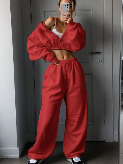 Damen Sportswear Set Cropped Sweatshirt High-Waist Jogginghose Grau