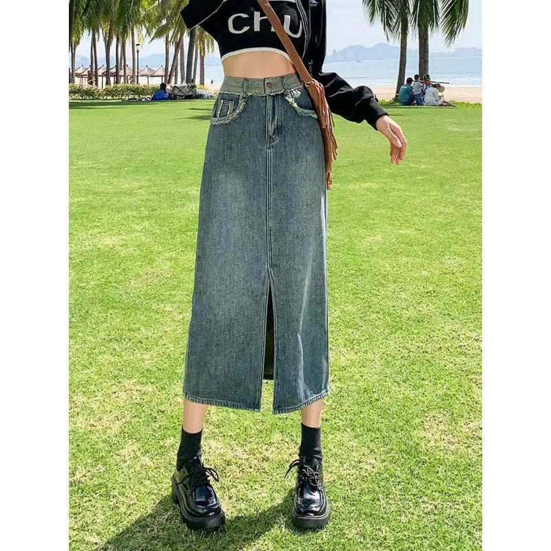 Damen Denim-Rock Lang Hohes Seitenloch Blau - Norvielle