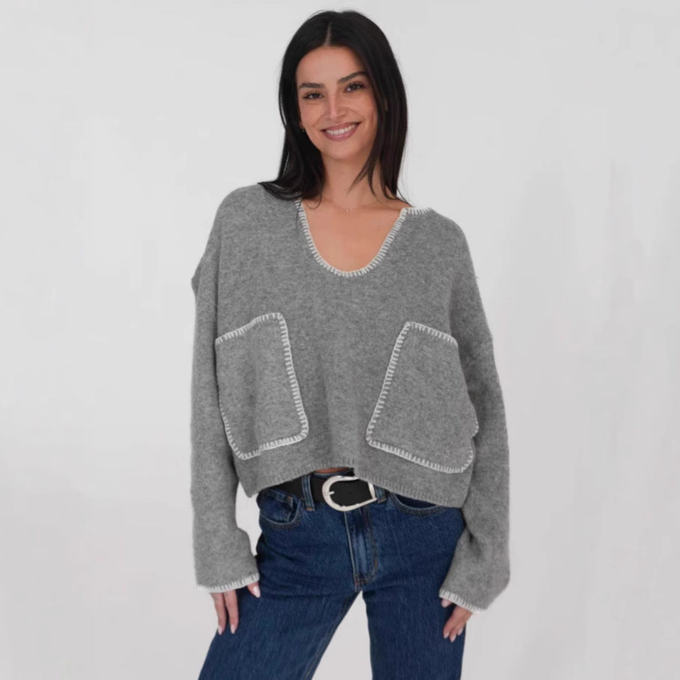 Damen Cropped Pullover Asymmetrisch mit Taschen Norvielle - Norvielle