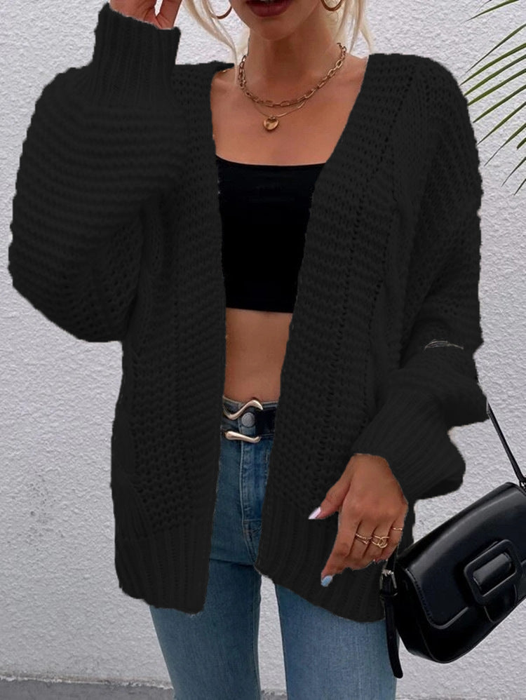 Damen Grobstrick-Cardigan Offene Taschen Lässiger Schnitt Beige