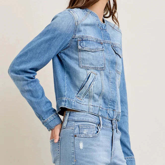 Damen Jeansjacke Cropped Schnitt mit Taschen