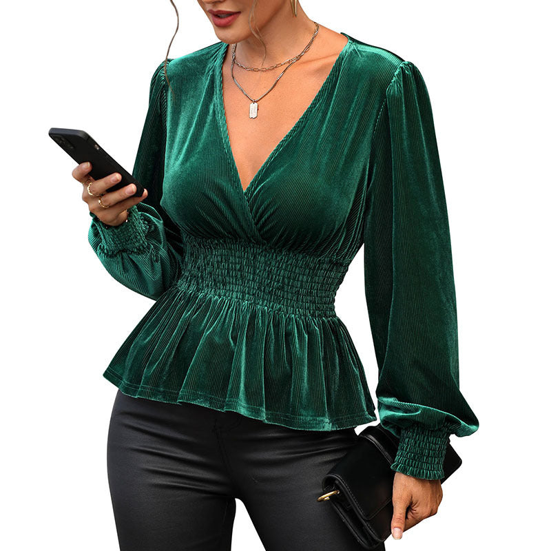 Damen V-Pullover Geraffte Taille Länge Ärmel Norvielle