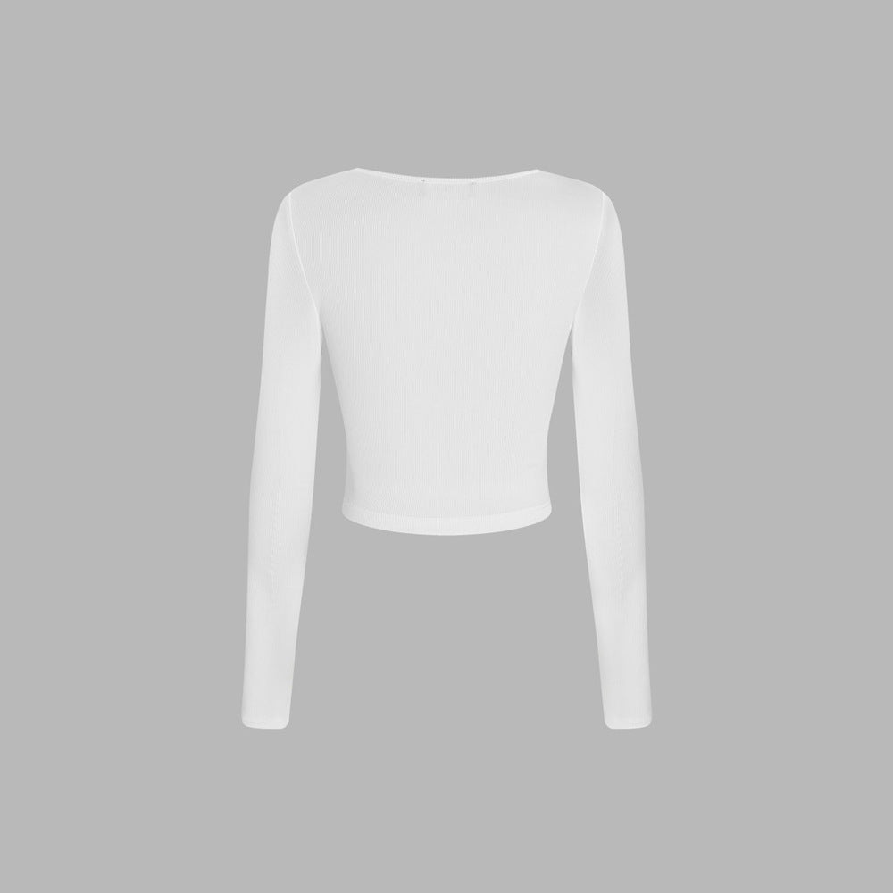 Damen Langarmshirt Rundhals Cropped Baumwolle Weiß
