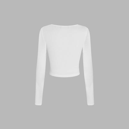 Damen Langarmshirt Rundhals Cropped Baumwolle Weiß