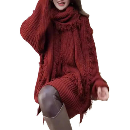 Damen Oversized Strickpullover V-Ausschnitt Fransen Beige