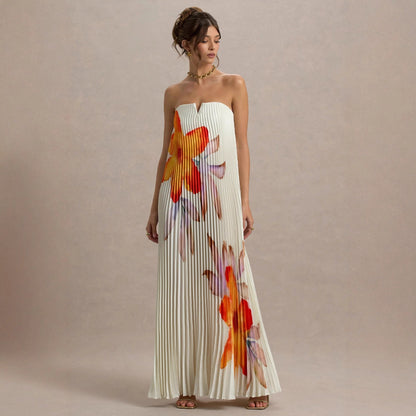Damen Plisseekleid Trägerlos Floralmuster Norvielle