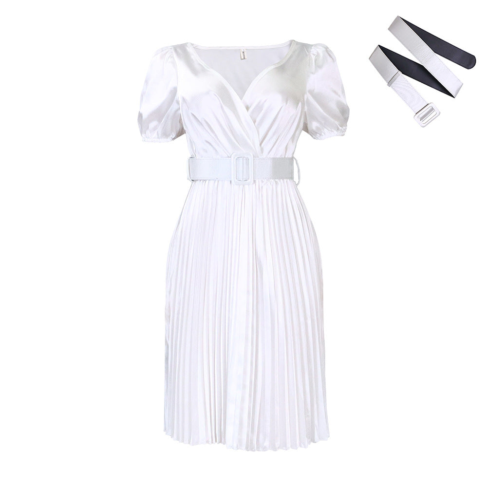 Damen Plissee-Kleid mit Gürtel und Puffärmeln Norvielle