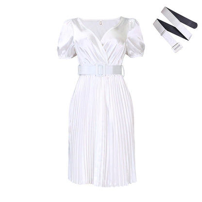 Damen Plissee-Kleid mit Gürtel und Puffärmeln Norvielle