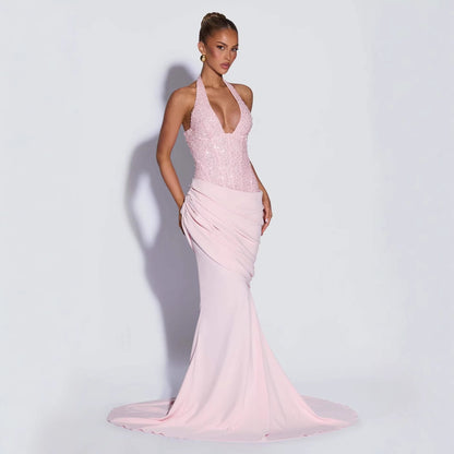 Damen Abendkleid Schimmerndes Oberteil Fließender Rock Norvielle