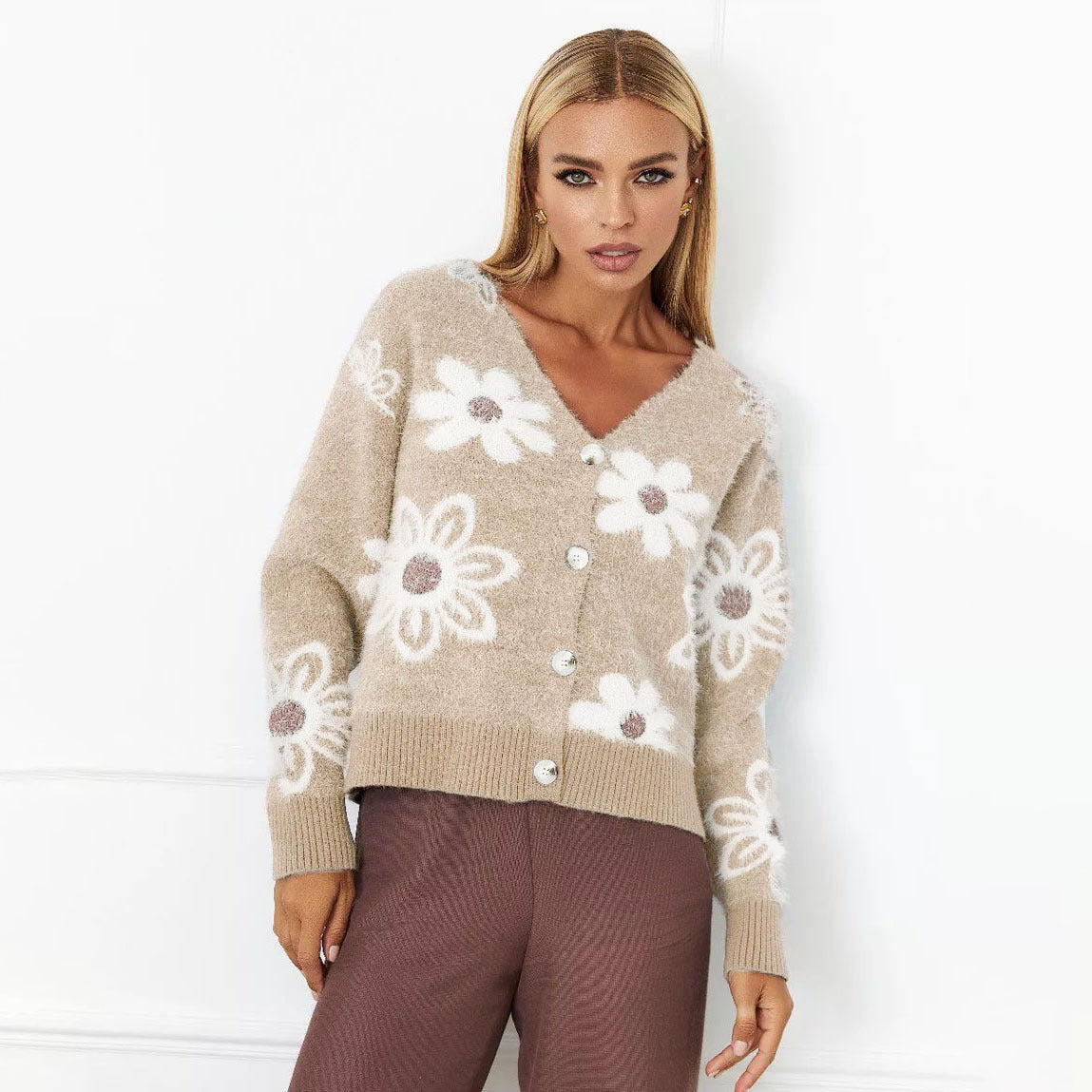 Damen Cardigan Floralmuster Knöpfe Beige