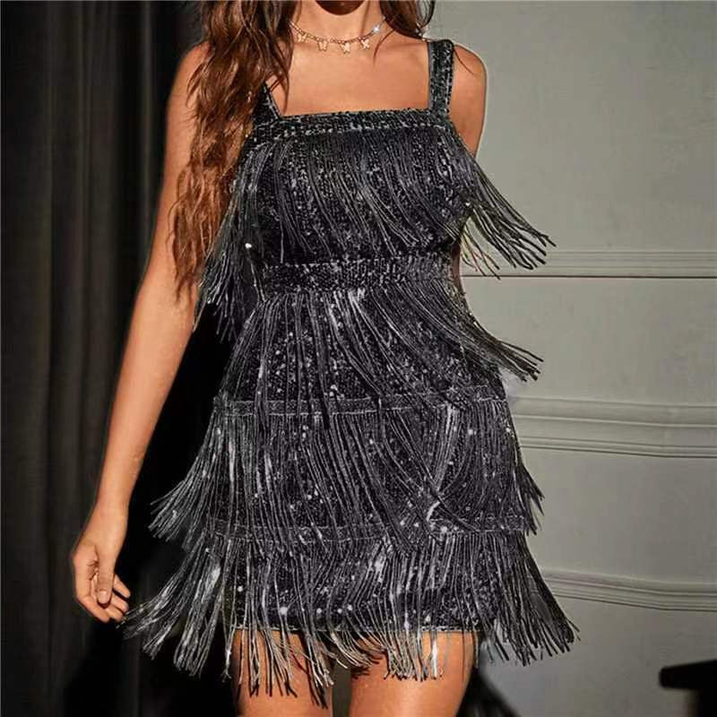 Damen Cocktailkleid mit Paillettenbesatz und Fransen