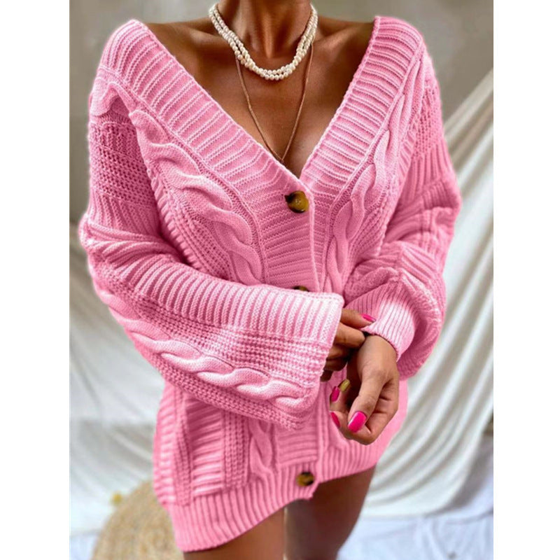 Norvielle Damen Cardigan Grobstrick Voluminöse Ärmel Große Knöpfe