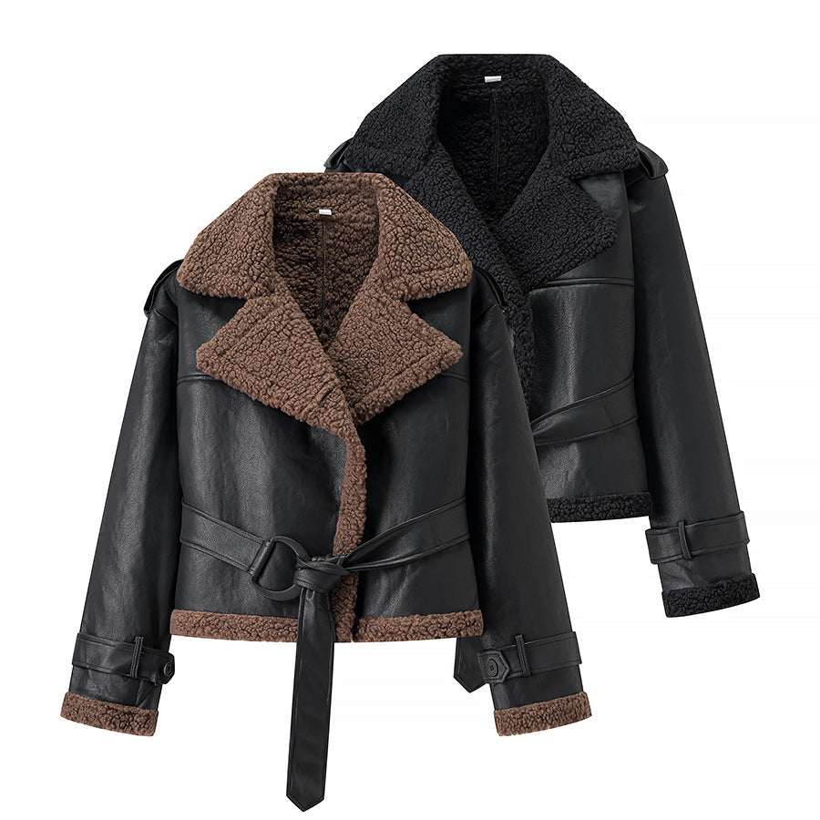 Damen Kunstlederjacke Teddyfutter Bindegürtel Schwarz - Norvielle