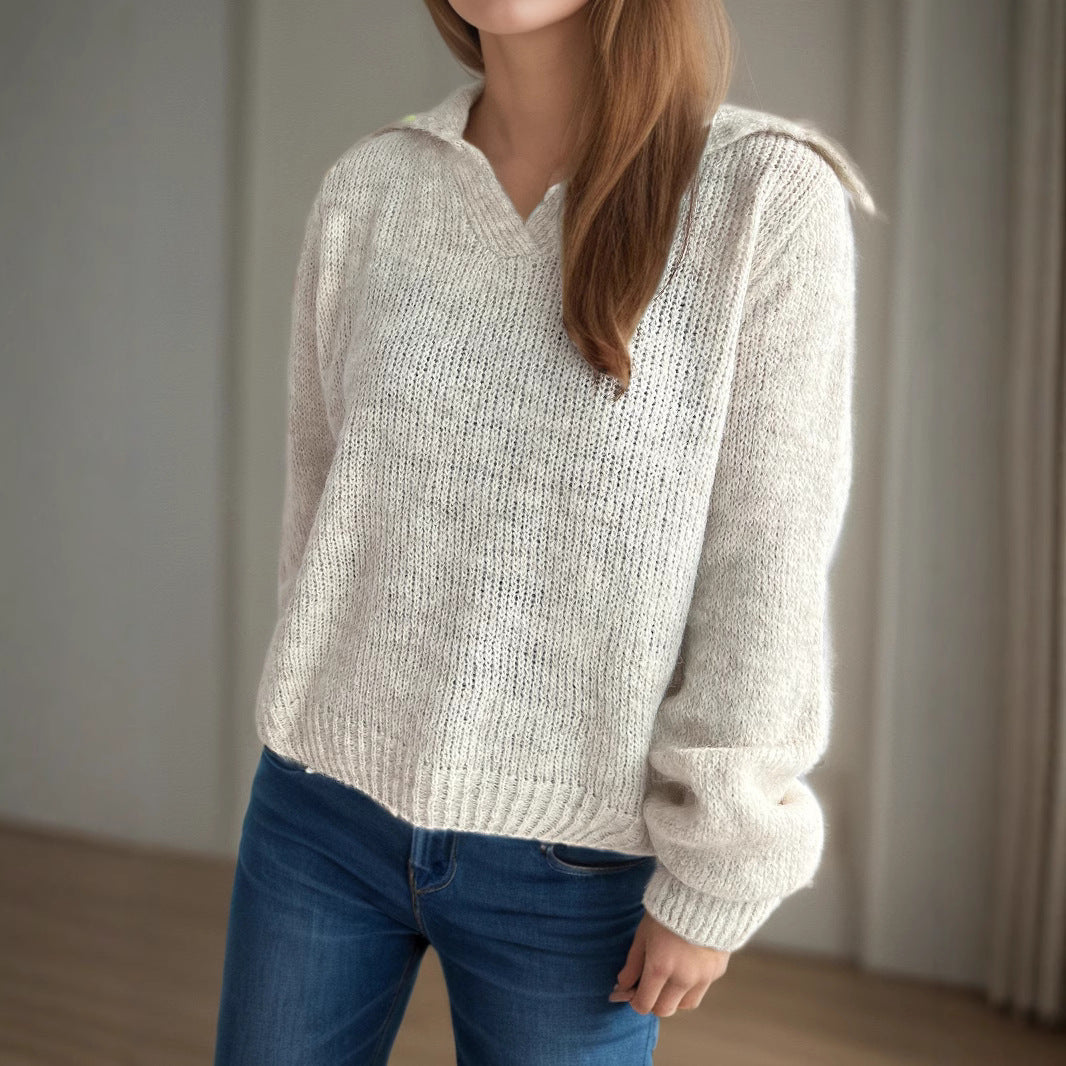 Damen Strickpullover V-Ausschnitt Voluminöse Ärmel Beige