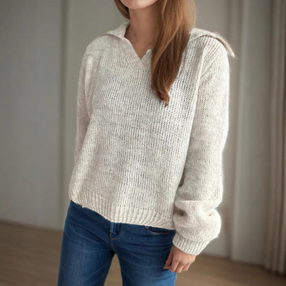 Damen Strickpullover V-Ausschnitt Voluminöse Ärmel Beige