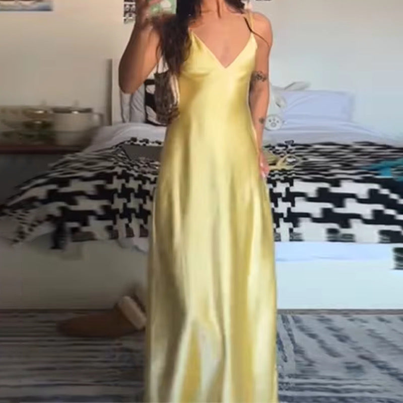 Damen Satin Maxikleid V-Ausschnitt Elegantes Norvielle