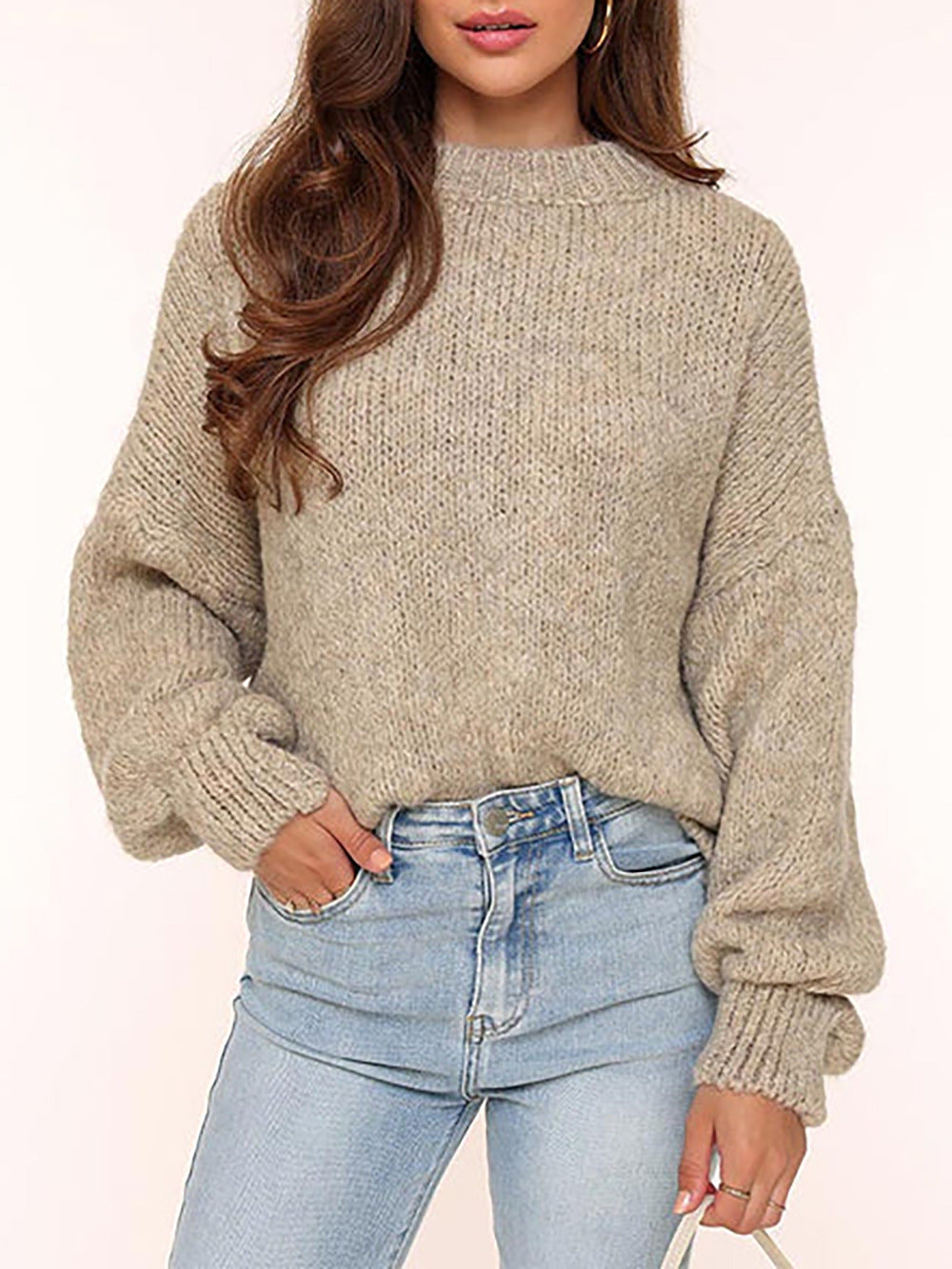 Damen Oversized-Pullover Grobgestrickt Voluminöse Ärmel Beige
