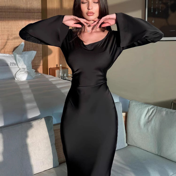 Damen Satin Maxi-Kleid Langärmlig Weite Ärmel Norvielle - Norvielle