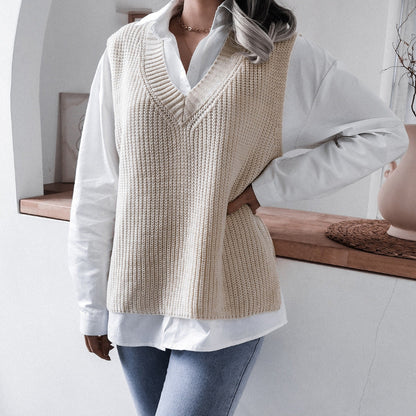 Damen Strickweste V-Ausschnitt Strukturiert Beige