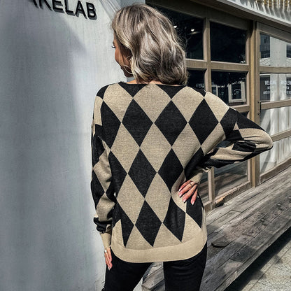 Damen Strickpullover Rautenmuster Hochkragen Norvielle