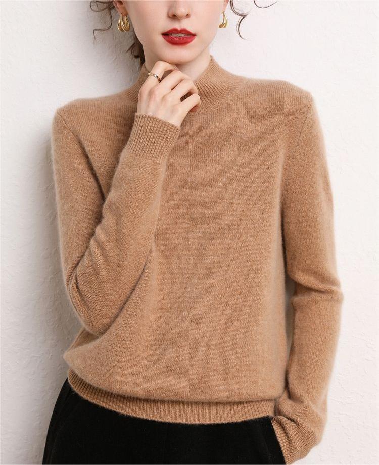 Damen Kaschmirpullover Stehkragen Schmale Ärmel Beige