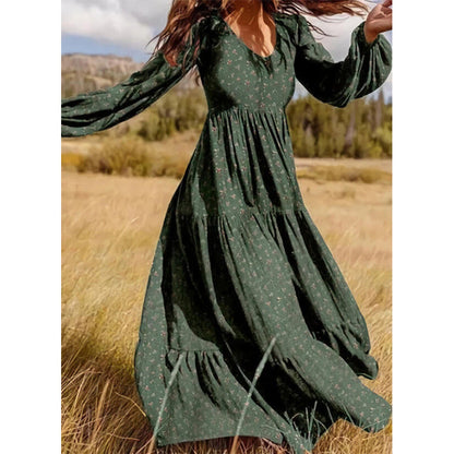 Damen Maxi-Kleid V-Ausschnitt Rüschen Elegant