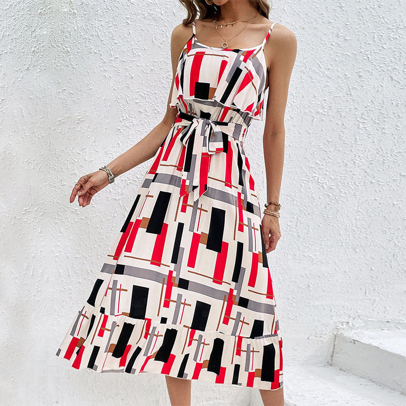 Damen Midi-Kleid Grafisches Design Taillengürtel