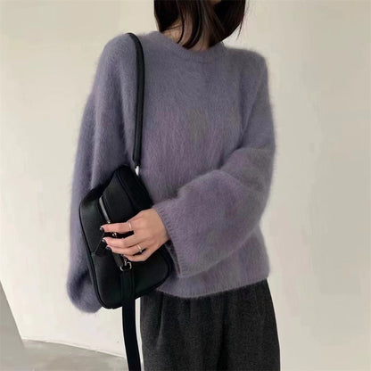 Damen Oversized Pullover Mohair-Wolle Flauschig Beige