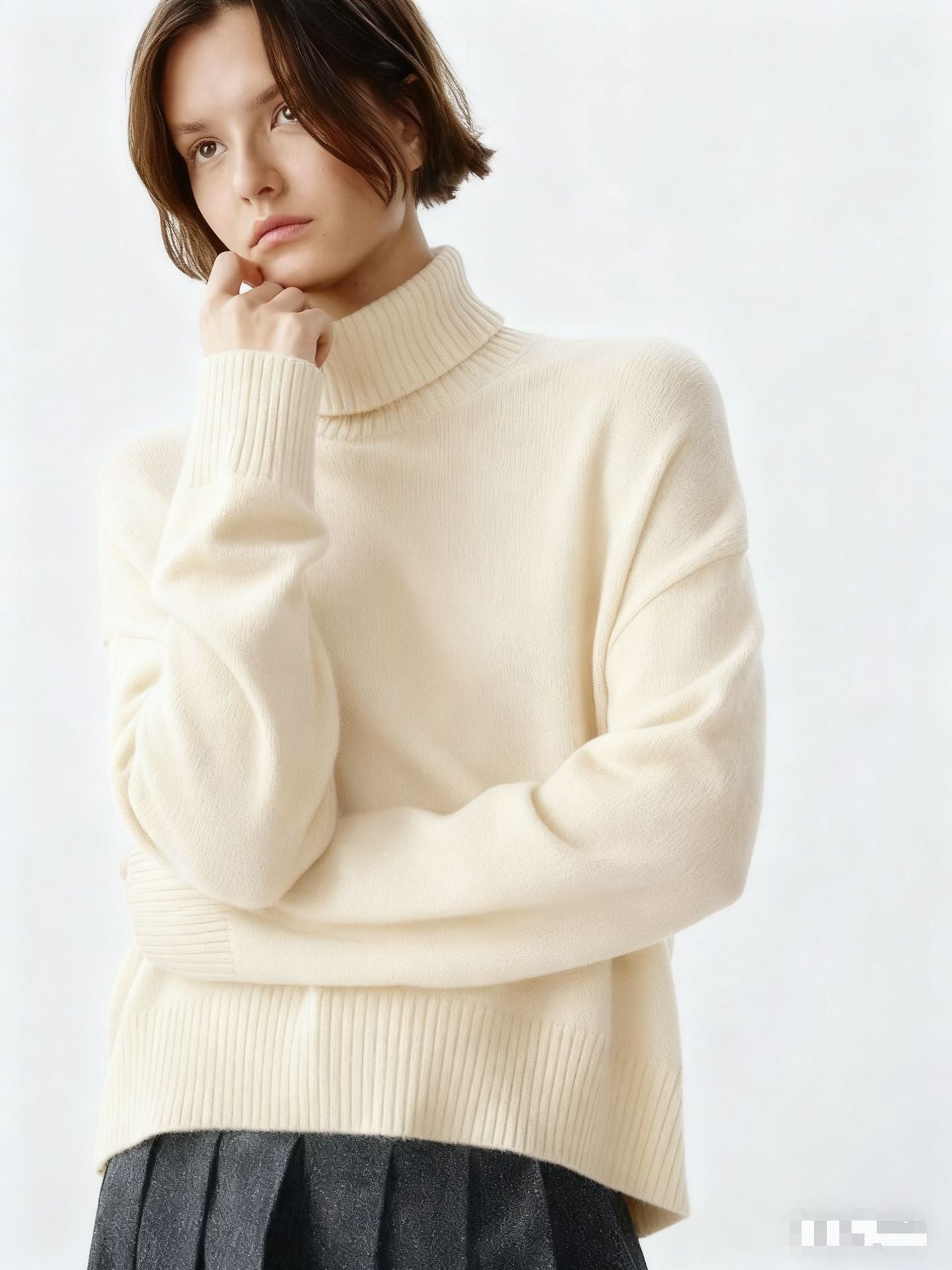Damen Rollkragenpullover Oversized Rippstruktur Beige