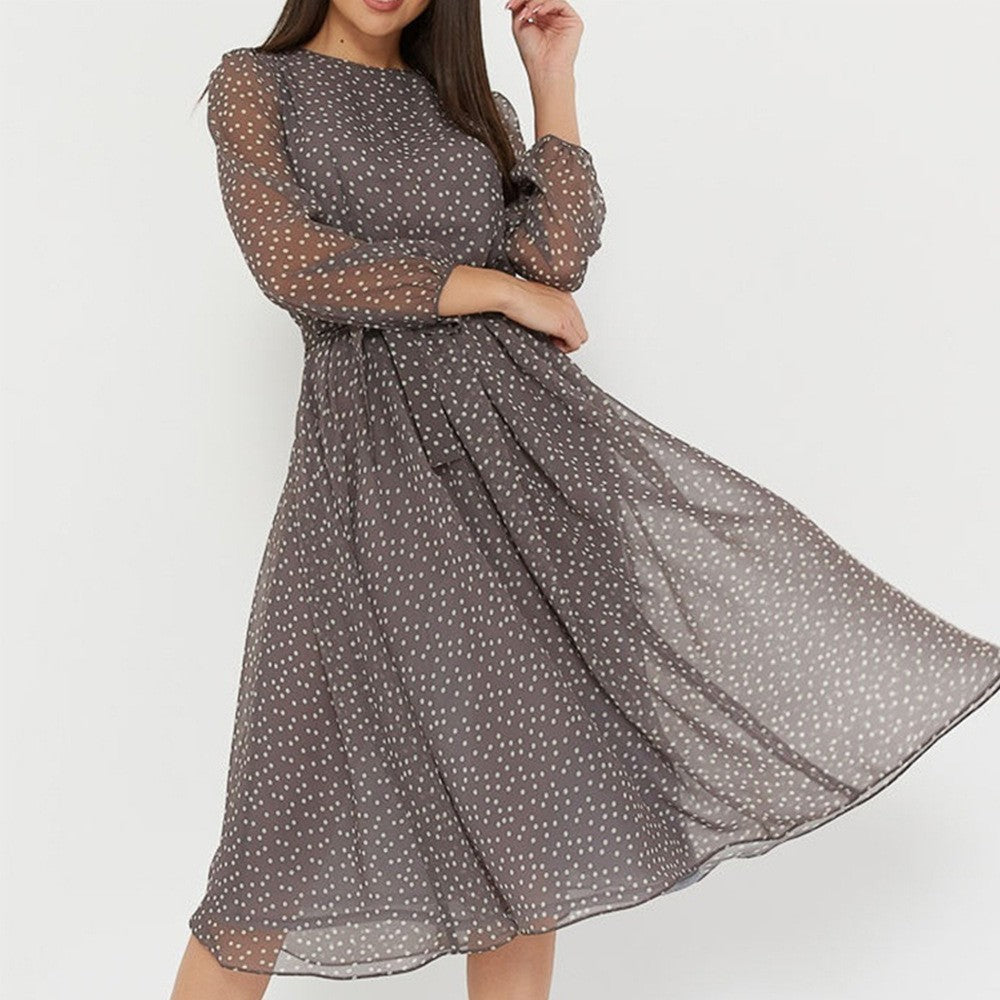Damen Chiffonkleid Transparente Ärmel Taillierter Gürtel Norvielle