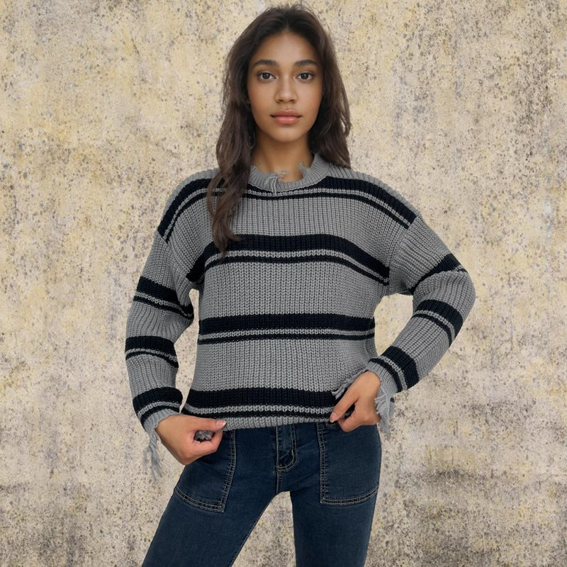 Damen Oversized Strickpullover Streifenmuster Französische Fransen