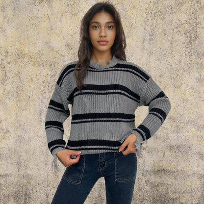 Damen Oversized Strickpullover Streifenmuster Französische Fransen