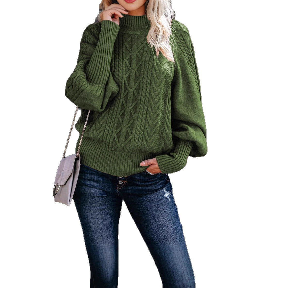 Damen Grobstrickpullover Stehkragen Ballonärmel Norvielle
