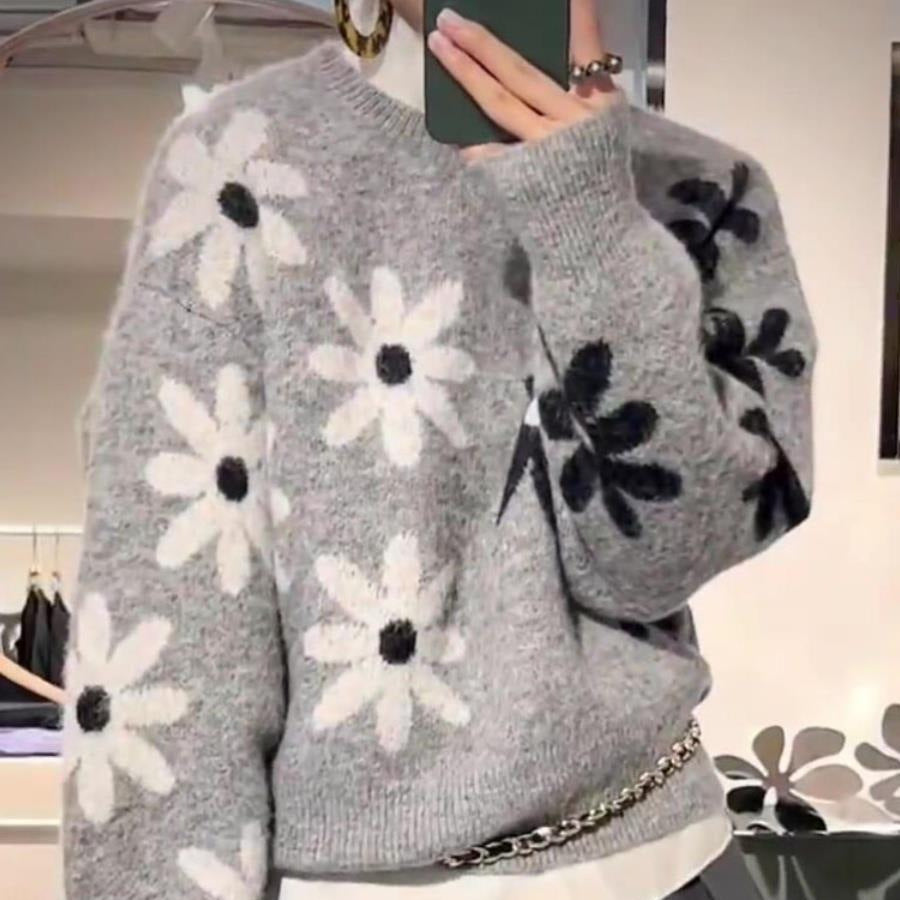 Damen Strickpullover Floralmuster Lässiger Schnitt
