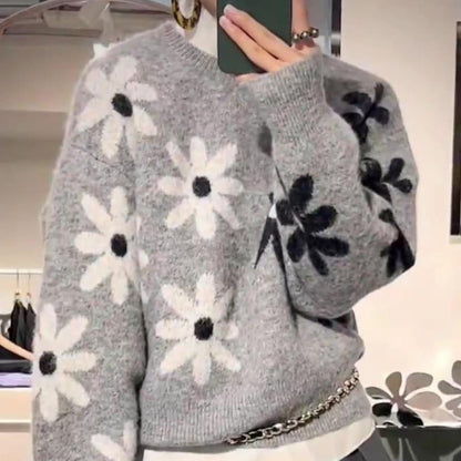 Damen Strickpullover Floralmuster Lässiger Schnitt