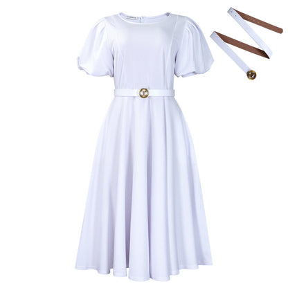 Damen Midi-Kleid Puffärmel Taillengürtel