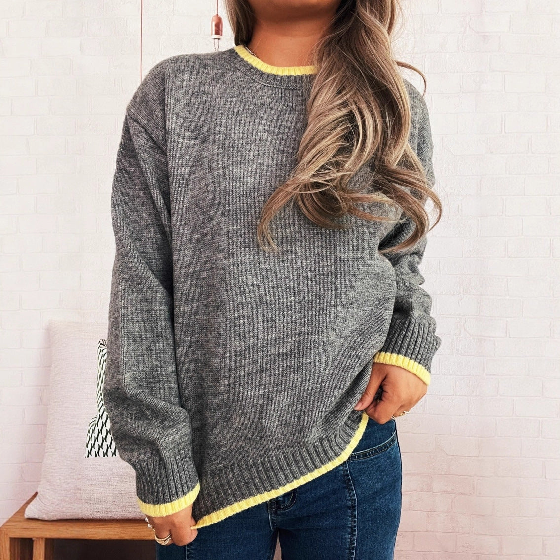 Damen Pullover Lässiger Stehkragen Rippdetails Beige
