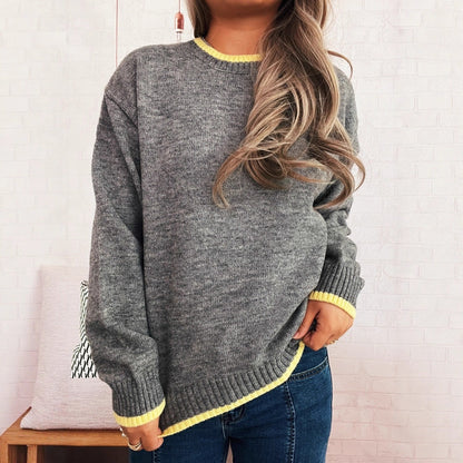 Damen Pullover Lässiger Stehkragen Rippdetails Beige