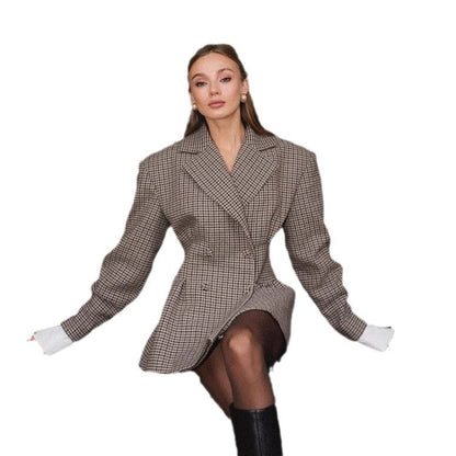 Damen Karo-Blazer Oversized Doppelter Knopfverschluss Norvielle