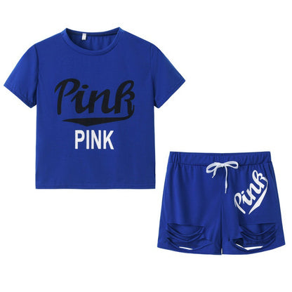 Damen Sportset Weites T-Shirt und Shorts Kontrast-Aufdruck Grau