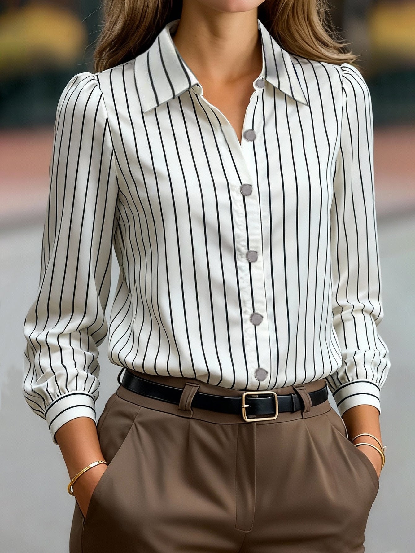 Damen Bluse Gestreift Klassischer Kragen Puffärmel Norvielle