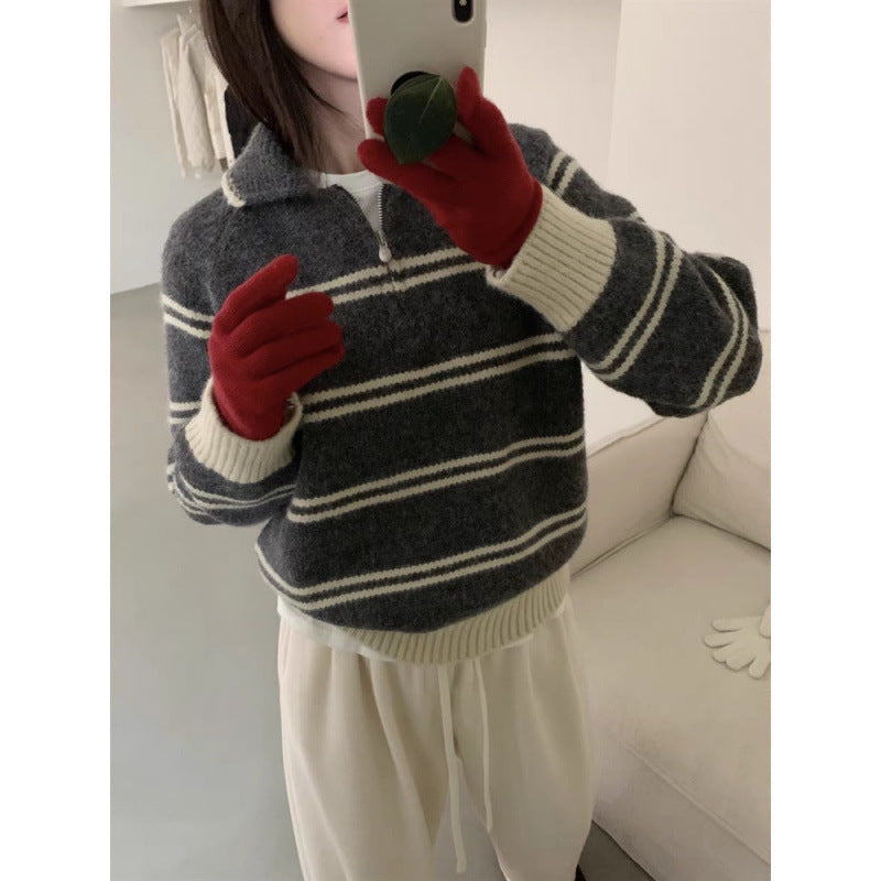 Damen Strickpullover Halbreißverschluss Gestreift Norvielle