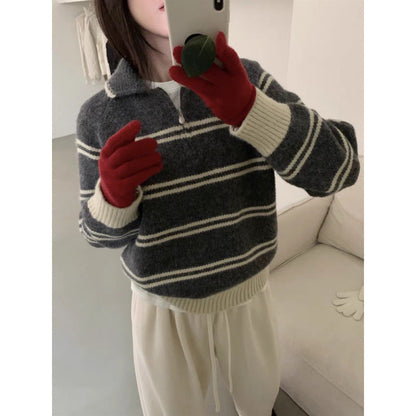 Damen Strickpullover Halbreißverschluss Gestreift Norvielle
