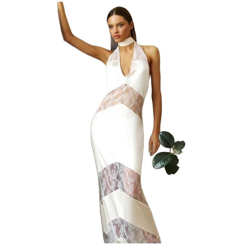 Damen Maxikleid Spitzenbesatz Elegantes