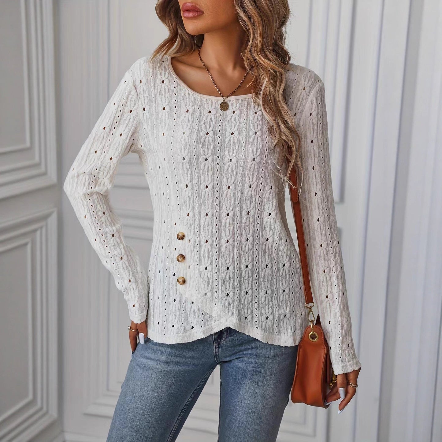 Damen Langarmshirt Dekorative Knöpfe Struktur Norvielle
