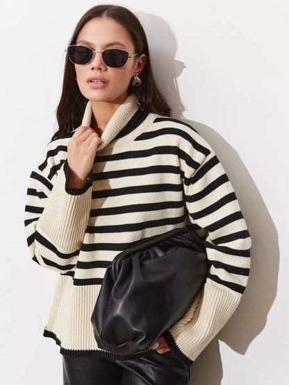 Damen Pullover Grob gestrickt Breton Streifen Hochkragen Beige
