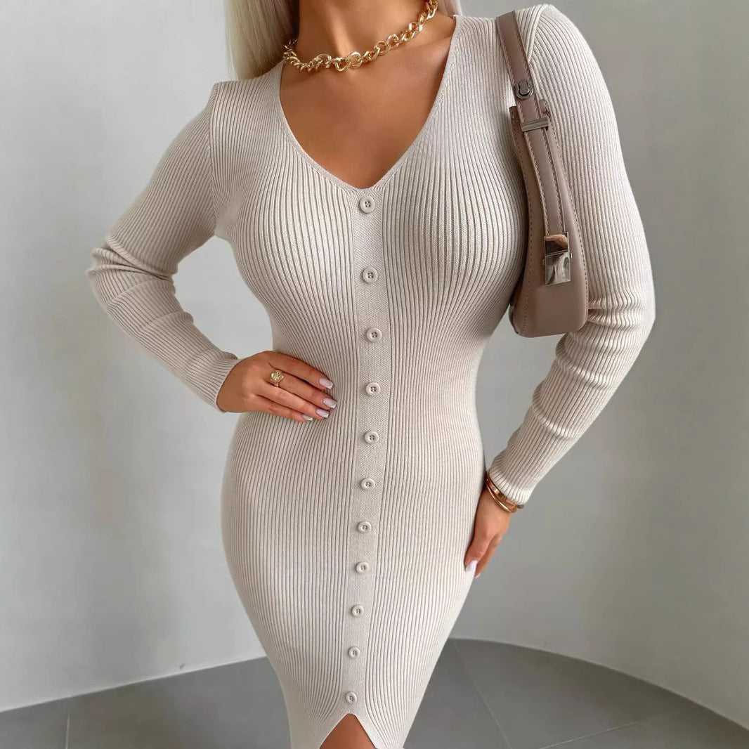 Damen Strickkleid V-Ausschnitt Hochgeschlossen - Norvielle